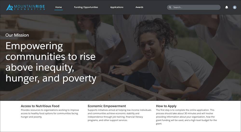 The home page of a website for Mountain Rise Foundation.