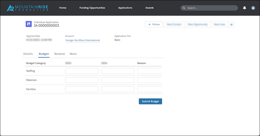 The budget component on an individual application with two time periods and three categories.