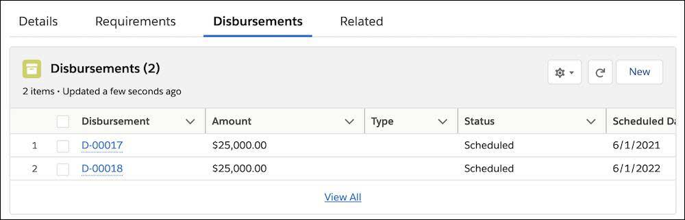 The Disbursements tab with two Disbursements populated