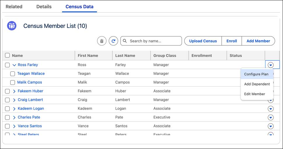The Census Data tab for enrollment census with options to enroll, add members, and configure plan.