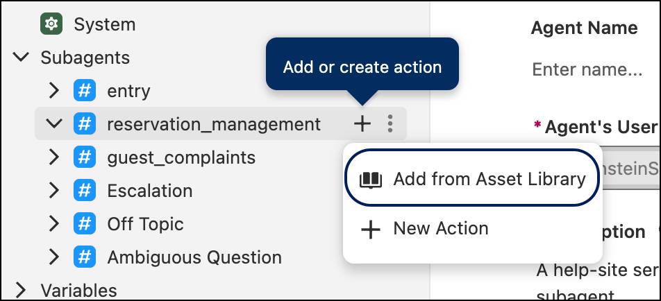 Add from Asset Library selected in Add or create action dropdown menu.