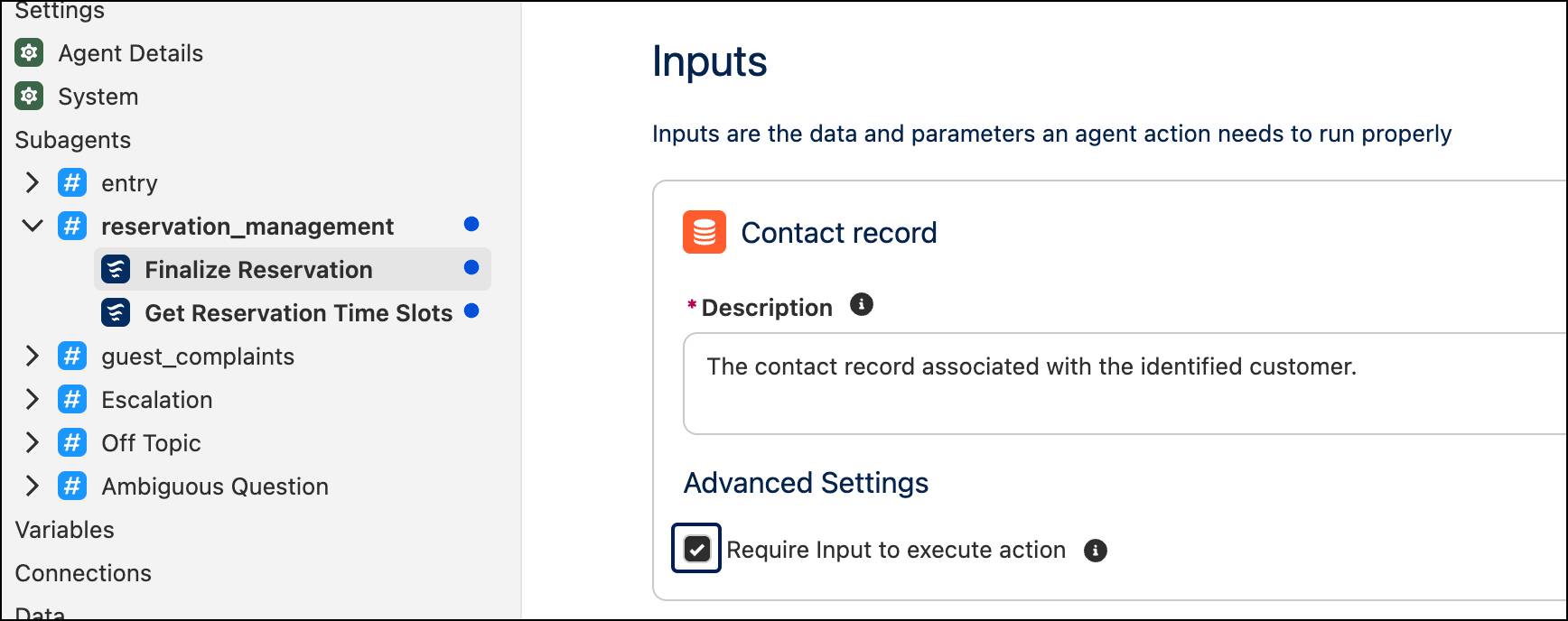 The Require Input to execute action box is checked for Contact record.