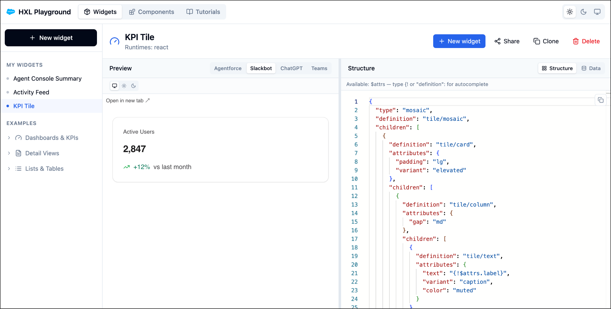 The HXL Playground interface with three navigation tabs at the top (Components, Widgets, Tutorials) and a widget editor showing a KPI Tile widget with JSON code on the left and a preview panel on the right.