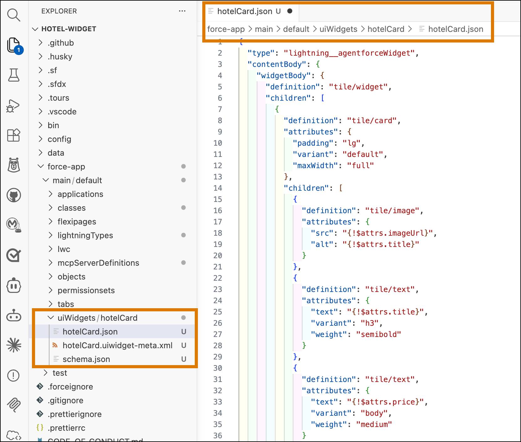 VS Code editor showing an open widget composition file called hotelCard.json inside of a DX project called hotel-widget.