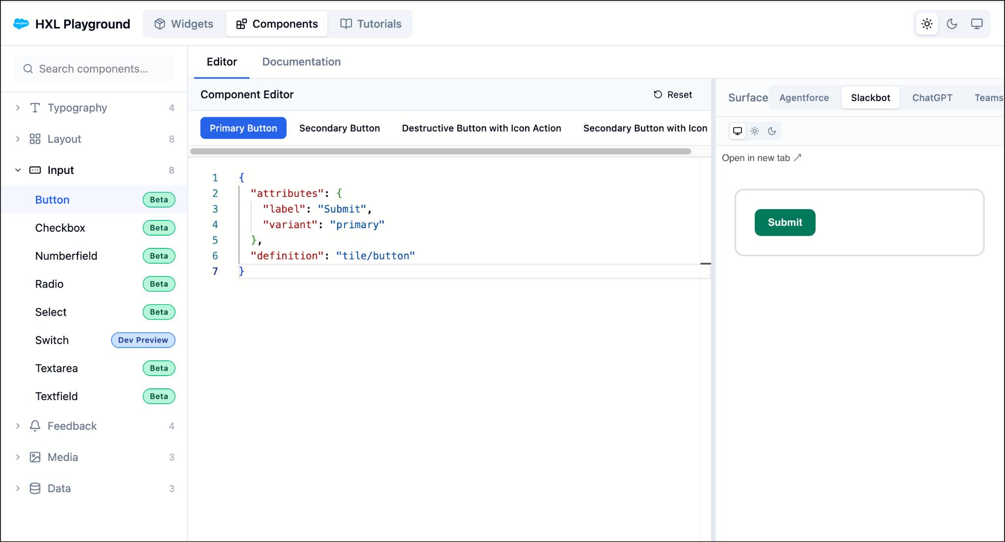 Components page showing a button’s JSON and how it renders in the Slackbot surface.