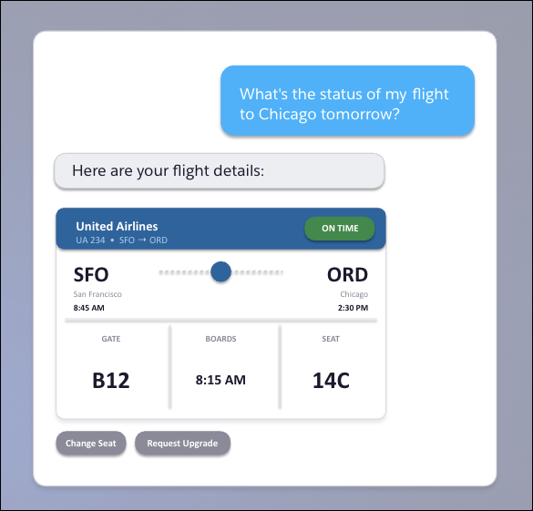 Graphic showing a question about a flight status and the answer in graphical form rather than plain text.