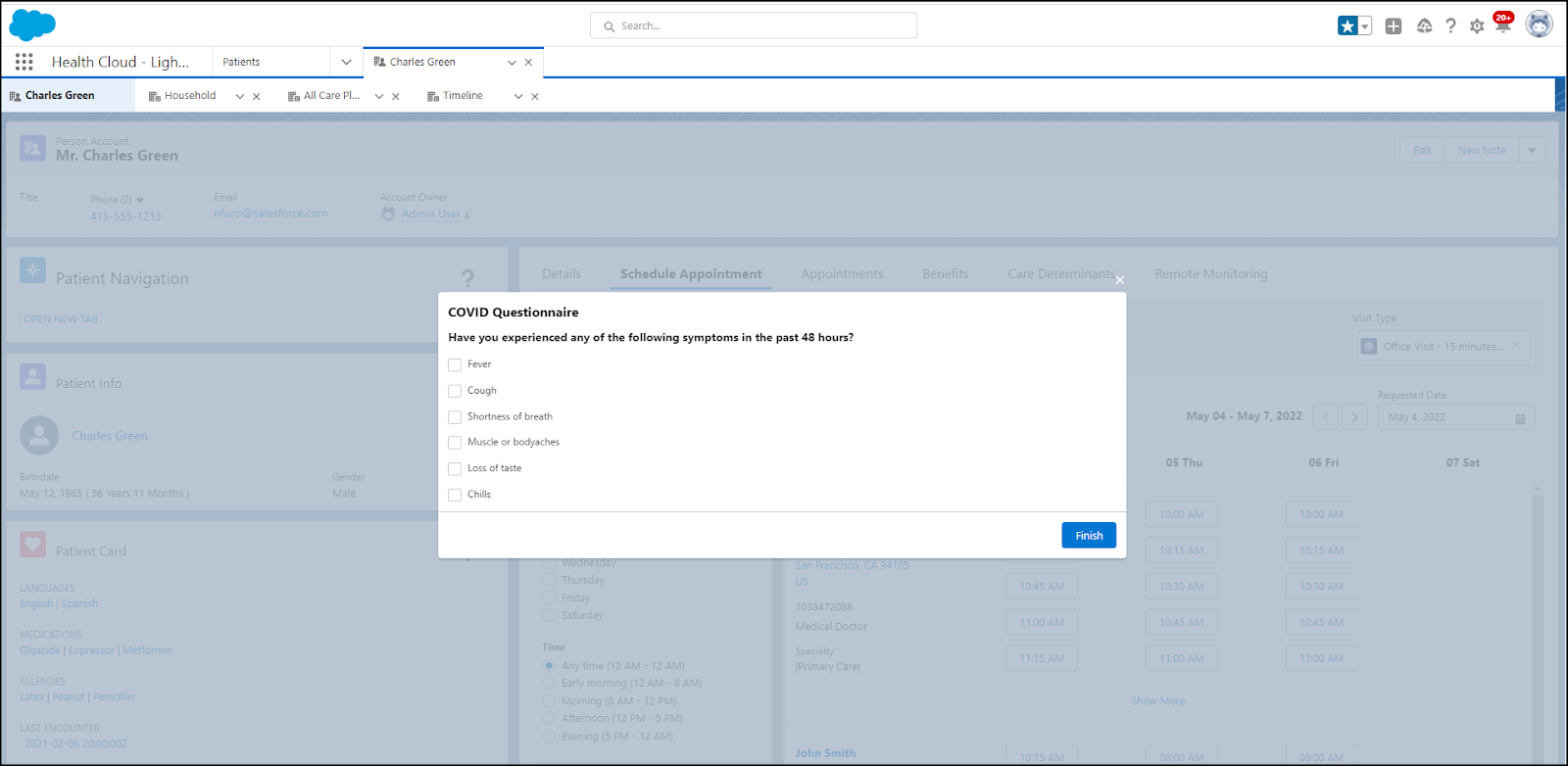 Sample prerequisite questionnaire when a visit type is selected.
