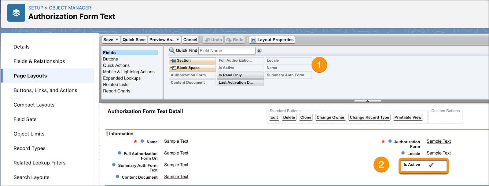 In Authorization Form Text Layout, the Is Active field is moved from the list of available fields to an editable part of the page.