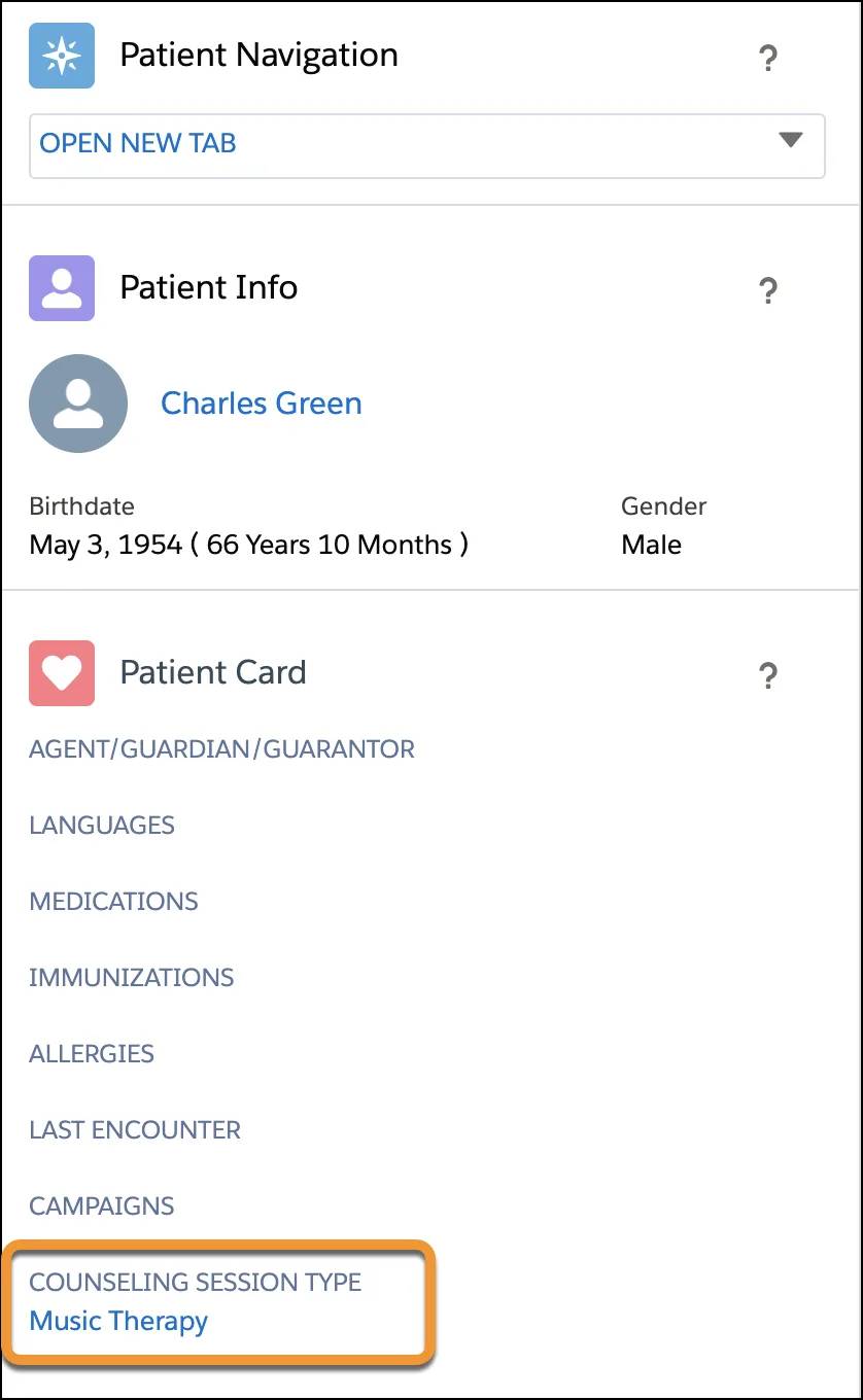 The patient card displays Counseling Session Type.