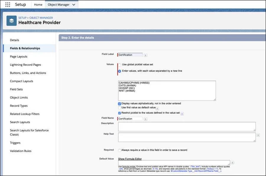 Healthcare Provider Field settings