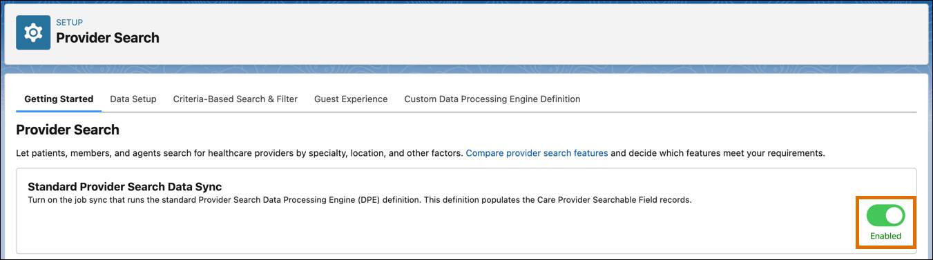Enable Standard Provider Search Data Sync toggle