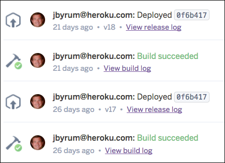 Activity feed for a Heroku app showing successful builds and releases.