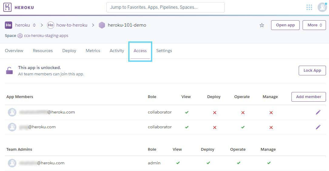 Heroku アプリケーションの [アクセス] タブ