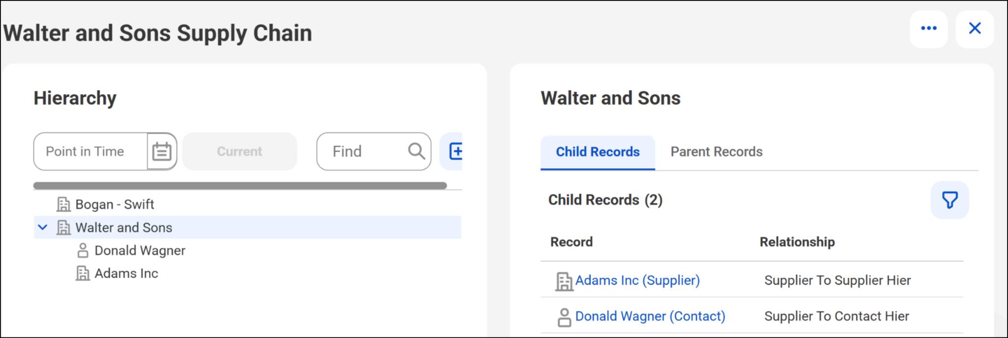 A supply chain hierarchy shows Walter and Sons selected in the hierarchy tree with two child records.