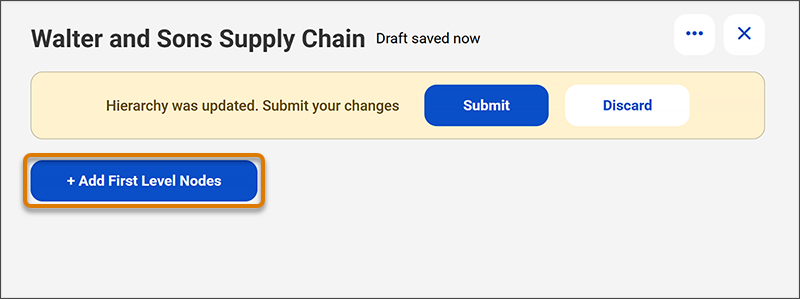 A supply chain hierarchy page shows a notification to submit or discard updates with the Add First Level Node button highlighted.