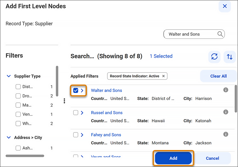 The Add First Level Nodes dialog box shows the Walter and Sons supply record selected and the Add button highlighted.