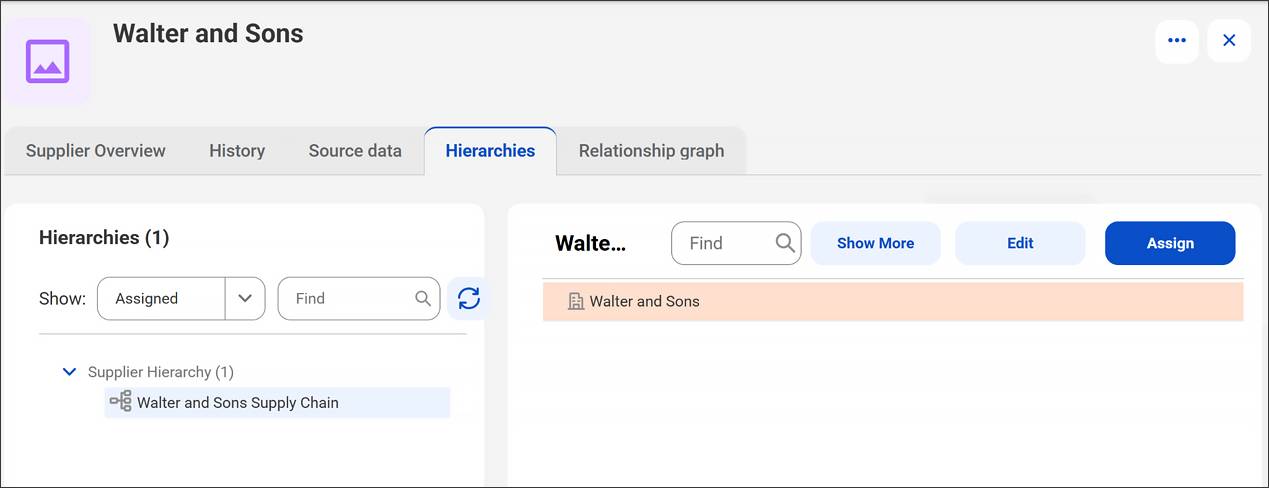 The supplier record for Walters and Sons with the Hierarchies tab selected.