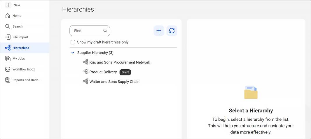 The Hierarchies page lists three supplier hierarchies with a prompt to select a hierarchy to begin.
