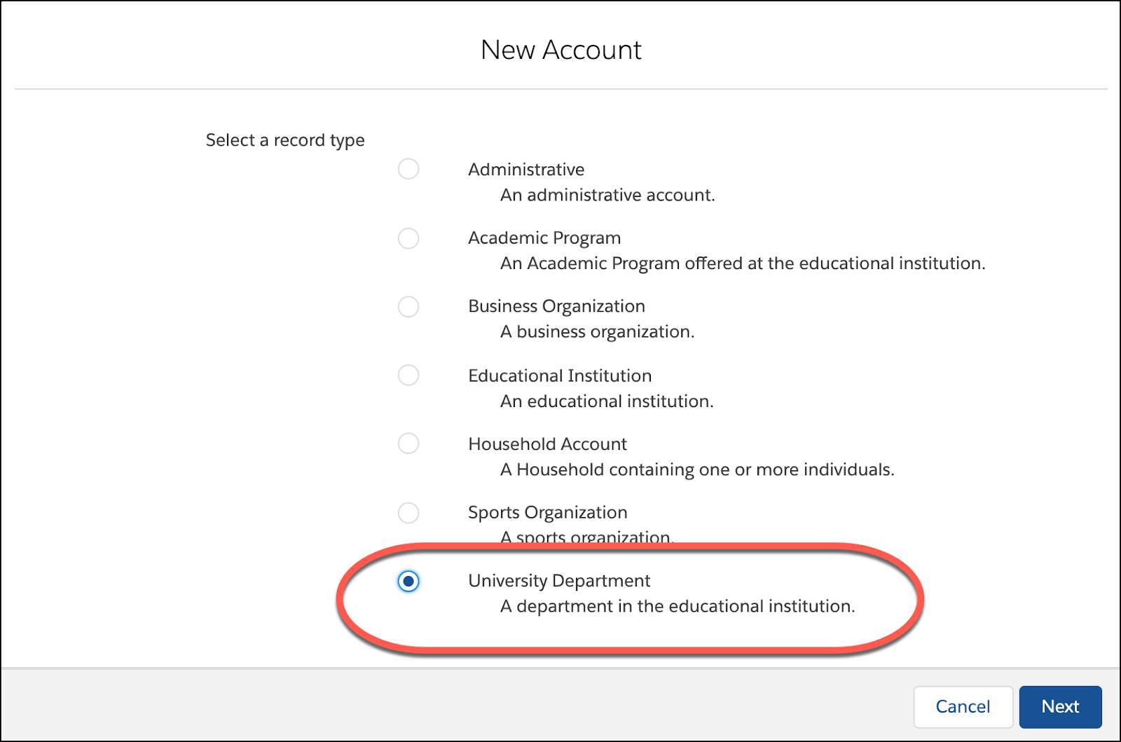 Select University Department as the record type and then click New.