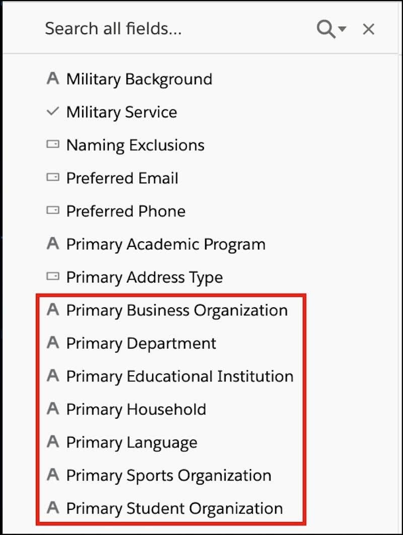 The Contact: Custom Info folder with primary affiliations fields highlighted.