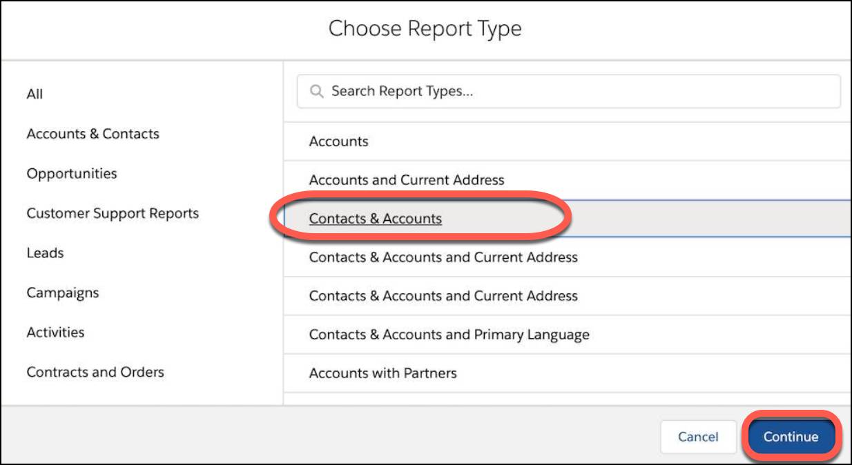 Select the Contacts & Accounts report type then click Continue.