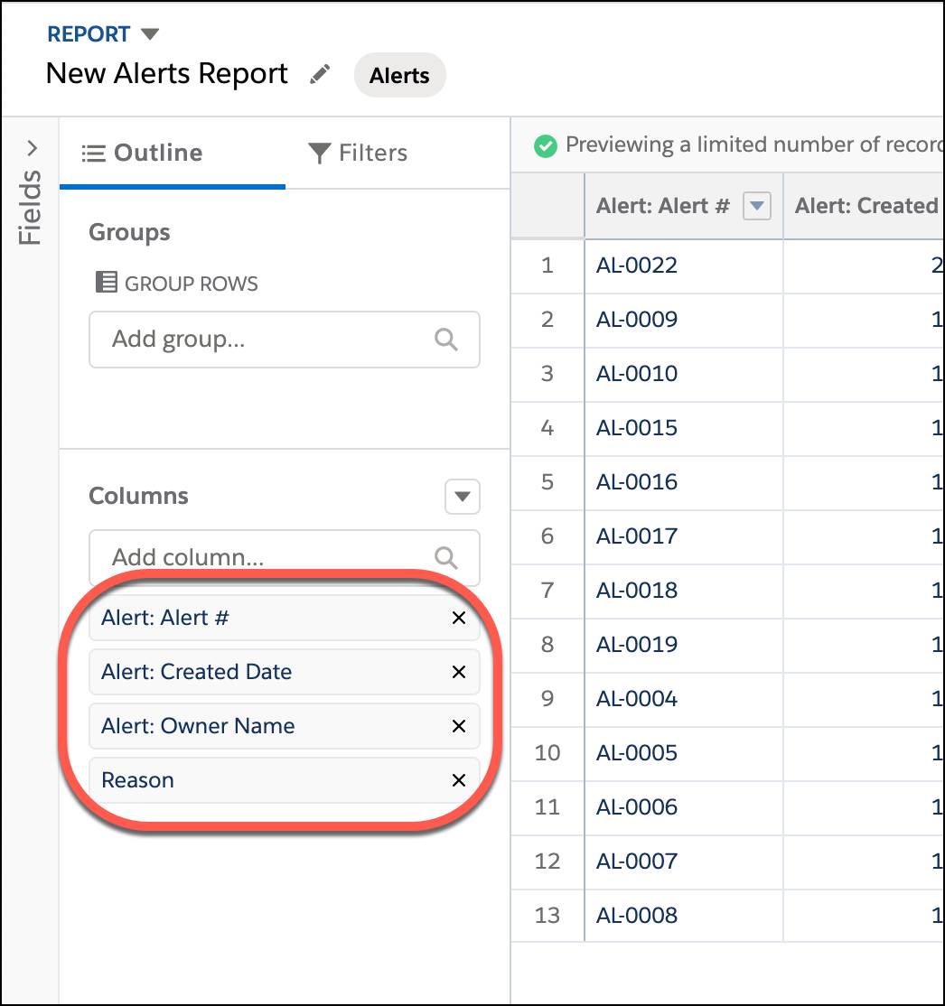 Columns for Alert #, Created Date, Owner Name, and Reason