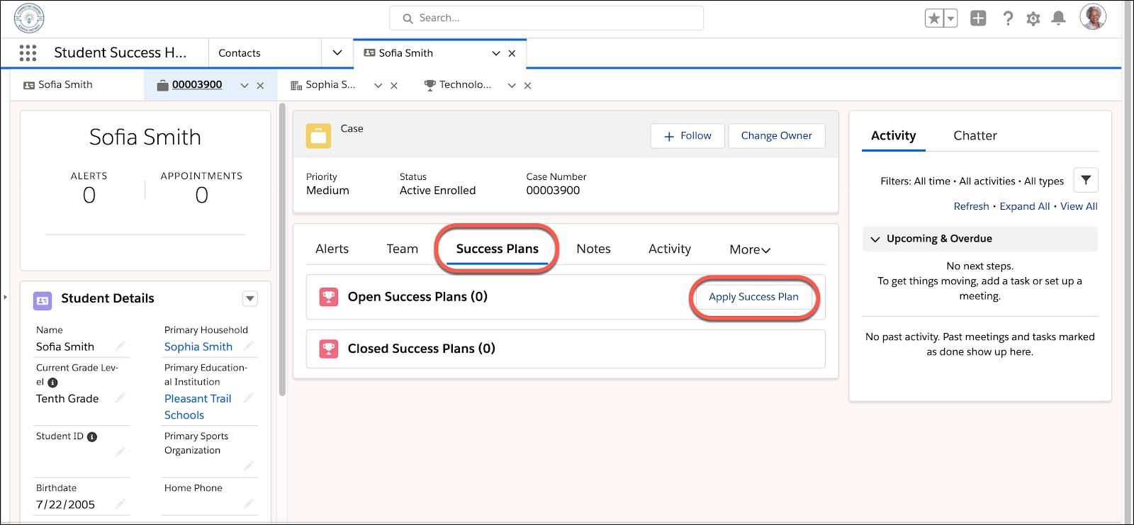 Success Plans tab on the student case record and Apply Success Plan button