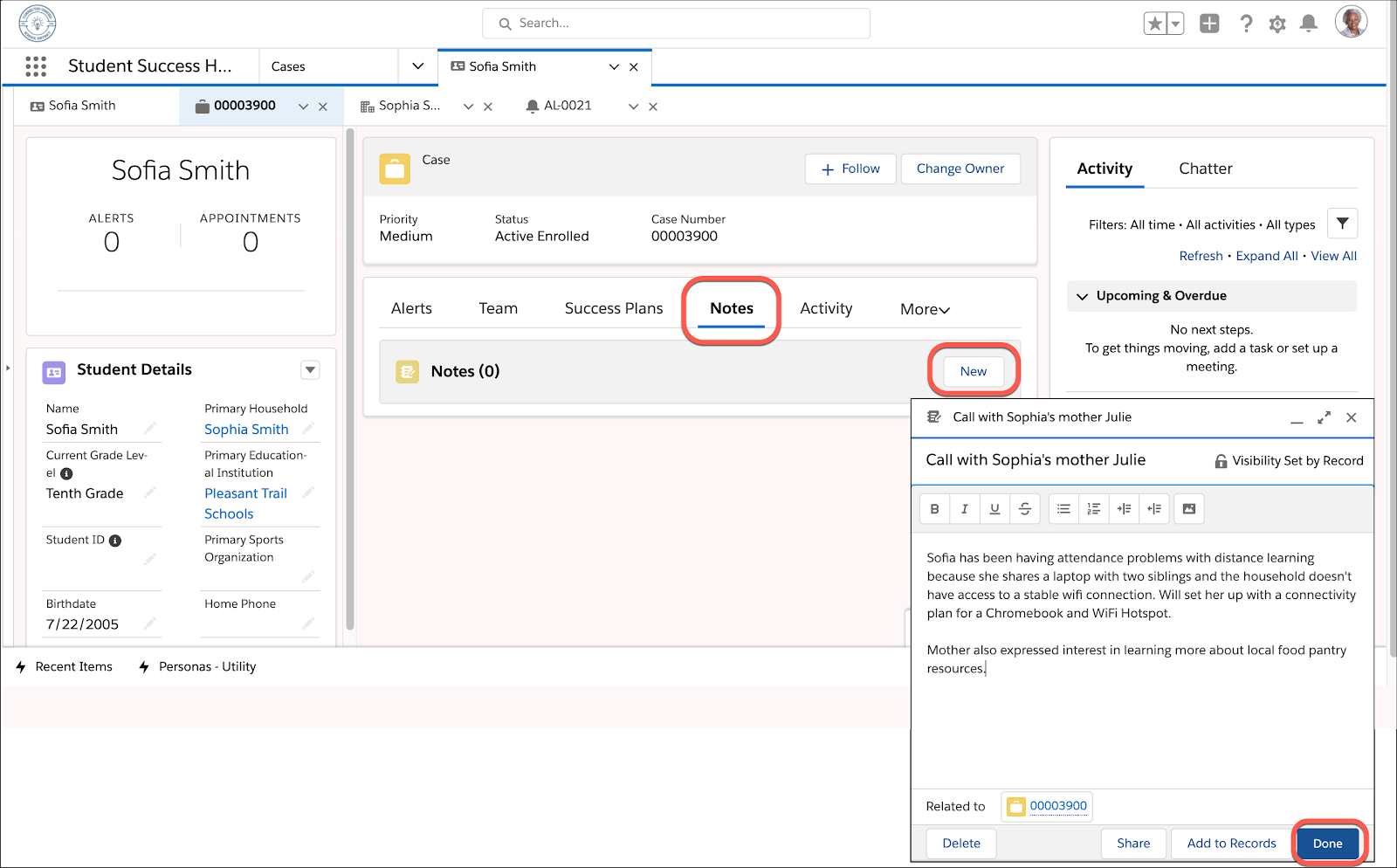Notes tab on student case record and New and Done buttons