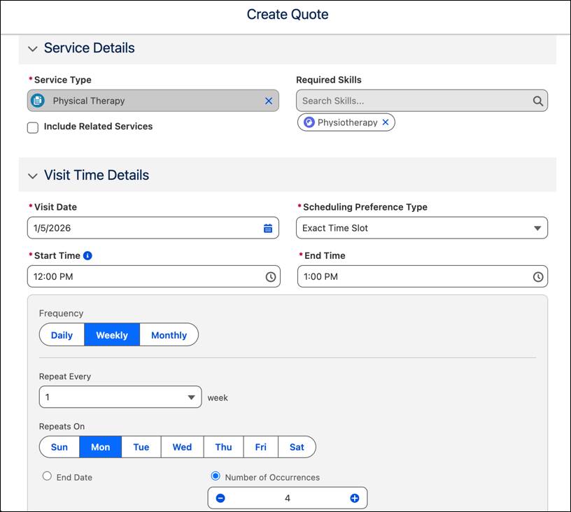 Create Quote window for weekly physical therapy visits.