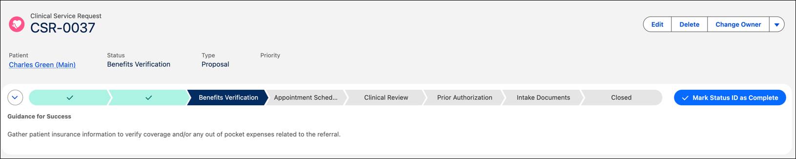 Clinical Service Request record for Charles Green.