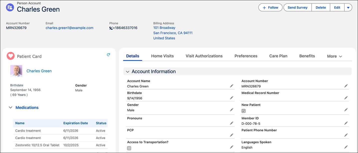 Person account displays important information, stages, and actions.
