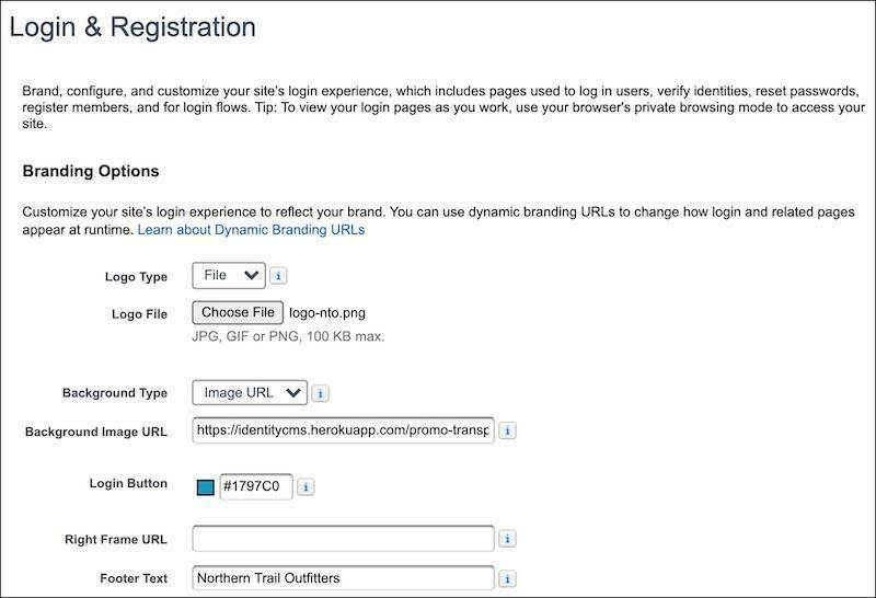 Screenshot der Branding-Optionen für 'Anmeldung & Registrierung'