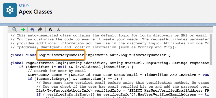Name of the login discovery handler from Apex Classes screenshot