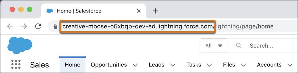 Nombre de Mi dominio resaltado en una URL de Trailhead Playground