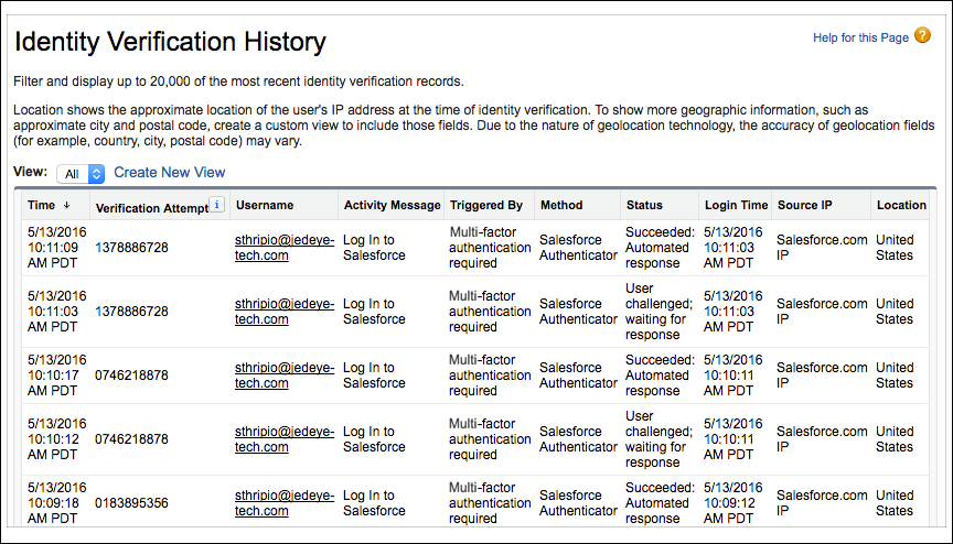 Pantalla Identity Verification History (Historial de verificación de identidad).