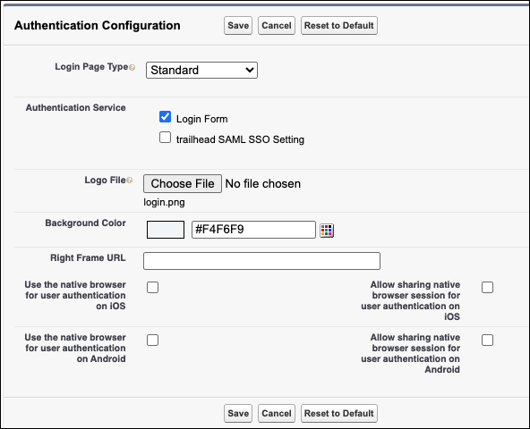 My Domain authentication configuration options.