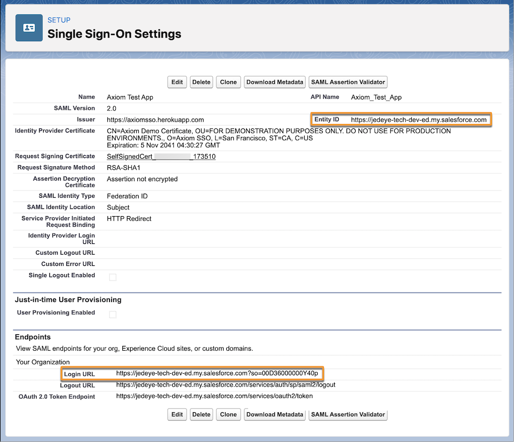 Single sign-on settings page after saving, with Entity ID and Login URL circled.