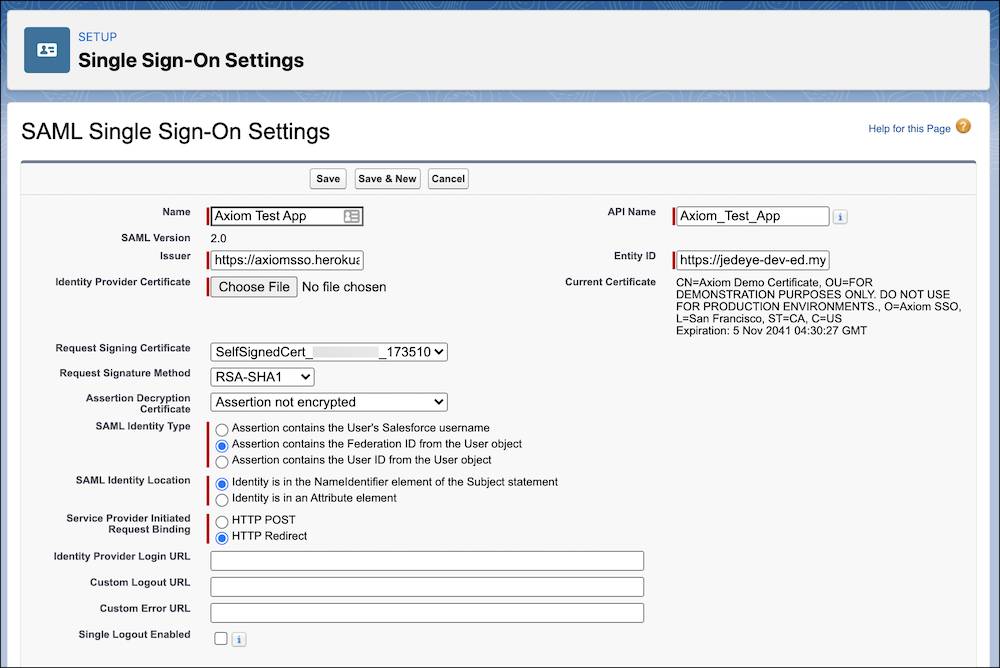 Page SAML single sign-on settings (Paramètres d’authentification unique SAML), où des valeurs sont renseignées.