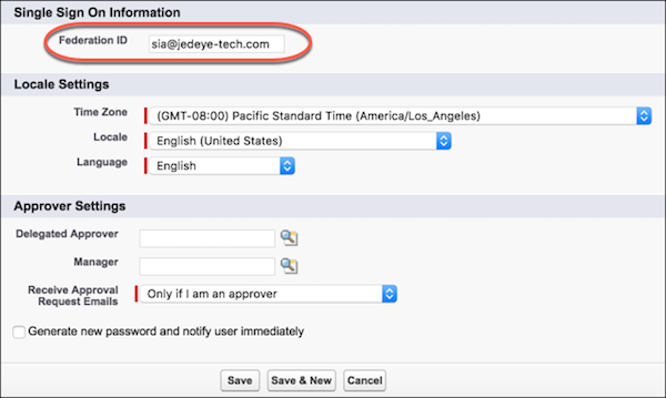 Página SSO Settings (Configurações de SSO) com Federation ID (ID da Federação) circulado.