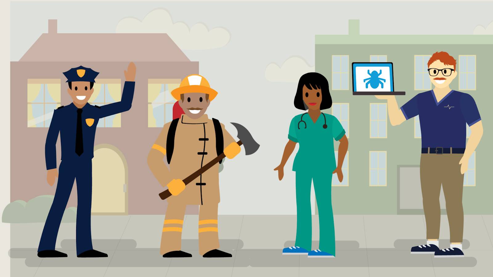 Different first responders: policeman, fireman, emergency medical technician, and a cyber first-responder with a computer in hand and a heart rate monitor logo on their shirt