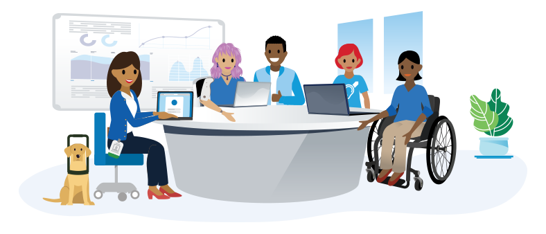 Group of people with disabilities sit around a conference table talking. Work environment with whiteboard behind them.