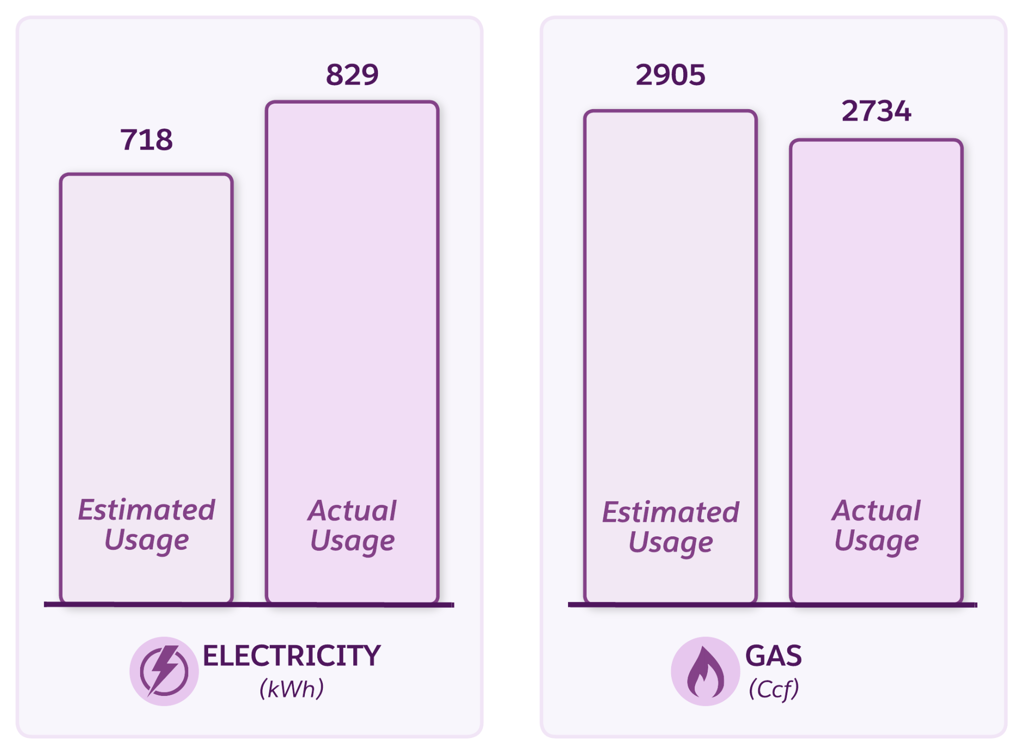 A bar chart comparing estimated and actual usage of electricity and gas services.