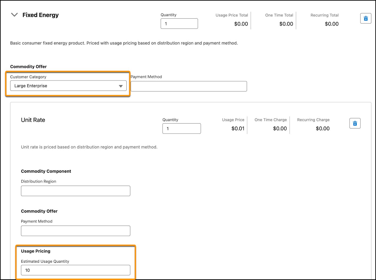 The product configuration window showing Customer Category and Estimated Usage Quantity fields.