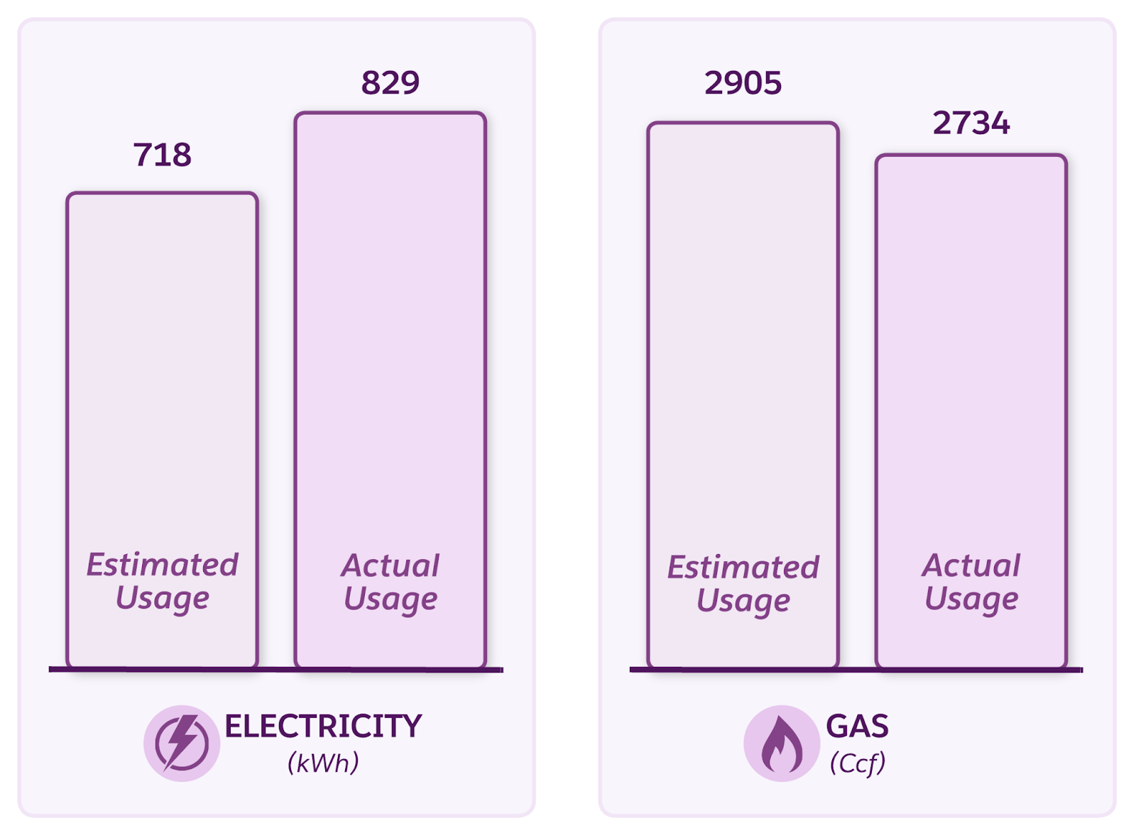 A bar chart comparing estimated and actual usage of electricity and gas services.