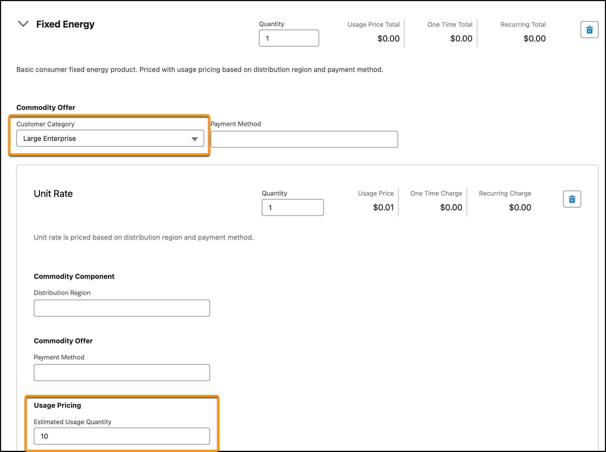 The product configuration window showing Customer Category and Estimated Usage Quantity fields.