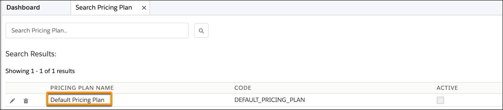 The Default Pricing Plan in Pricing Plans workspace.