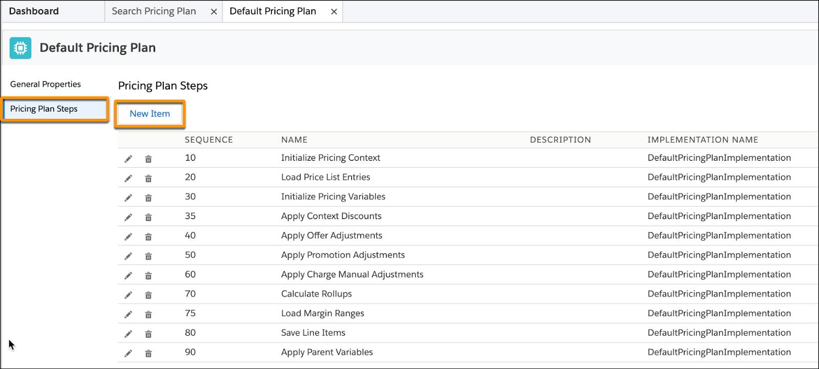 The pricing plan steps on the Default Pricing Plan page.