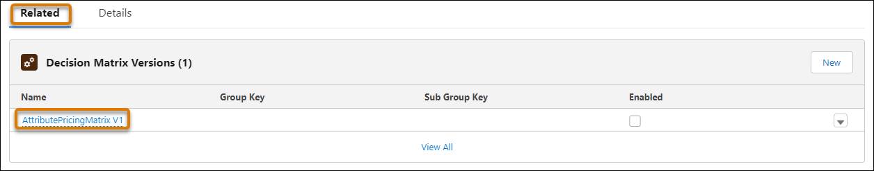 The AttributePricingMatrix V1 matrix version on the Related tab.