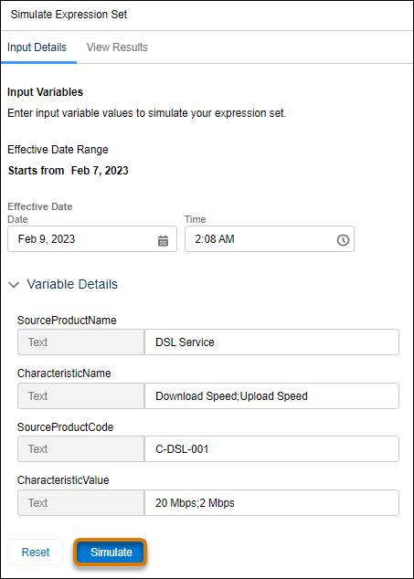 The Simulate Expression Set page with values entered in variable detail fields.