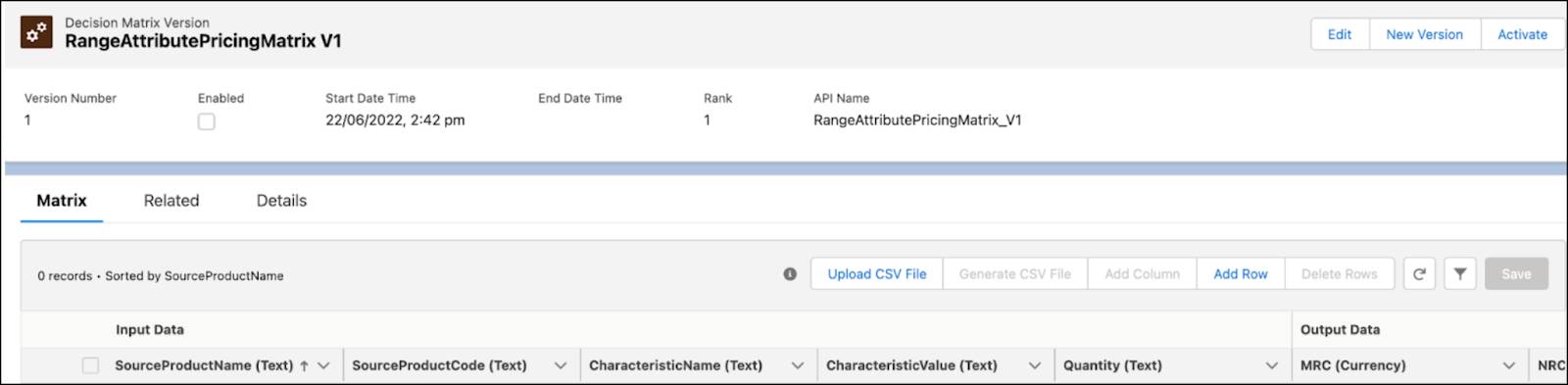 The RangeAttributePricingMatrix V1 matrix version.